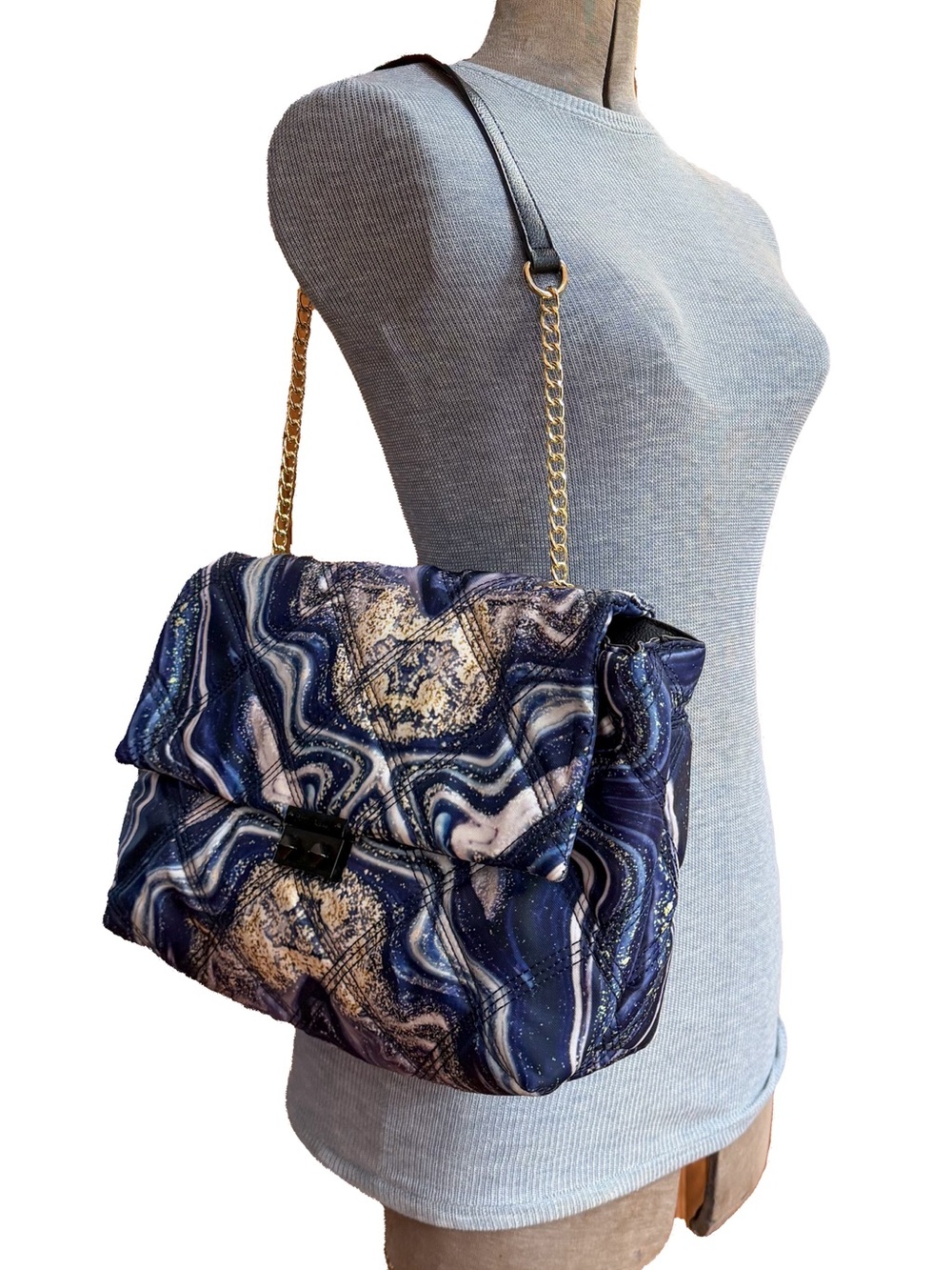 Betsy Johnson XO Phoebe Nylon shoulder bag, Space Print, gold chain strap